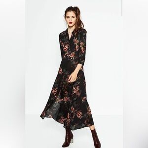 Zara Premium Denim Women’s Collection Black Multicolor Floral Boho Maxi Dress